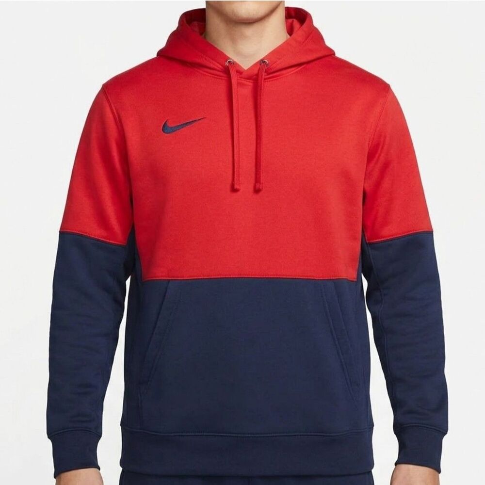 Nike Mens Colorblock Pullover Hoodie Red Navy Blue Swoosh Sweatshirt Size Large